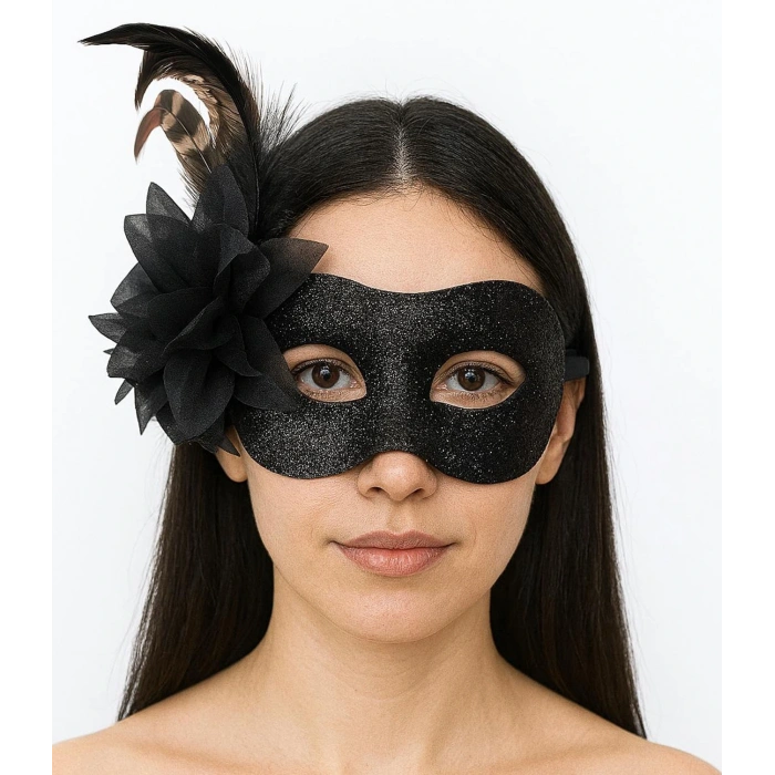 Siyah Renk Metalize Sim Görünümlü Parlak Tüylü Parti Maskesi 22x19 Cm