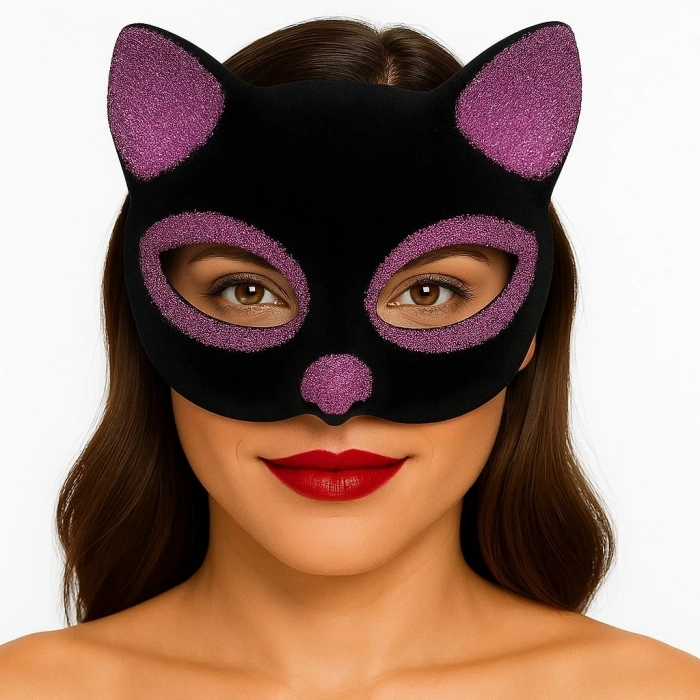 Siyah Renk Pembe Simli Süet Kaplama Kedi Maskesi 18x14 Cm