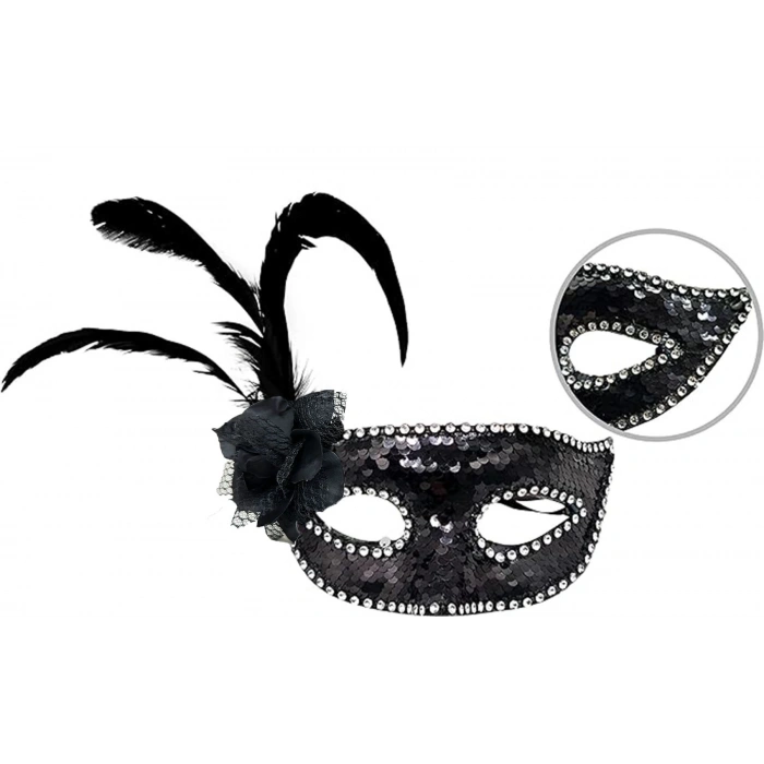 HEYF Siyah Renk Yandan Tüylü Güllü Gümüş Taşlı Pullu Maske 20x22 Cm