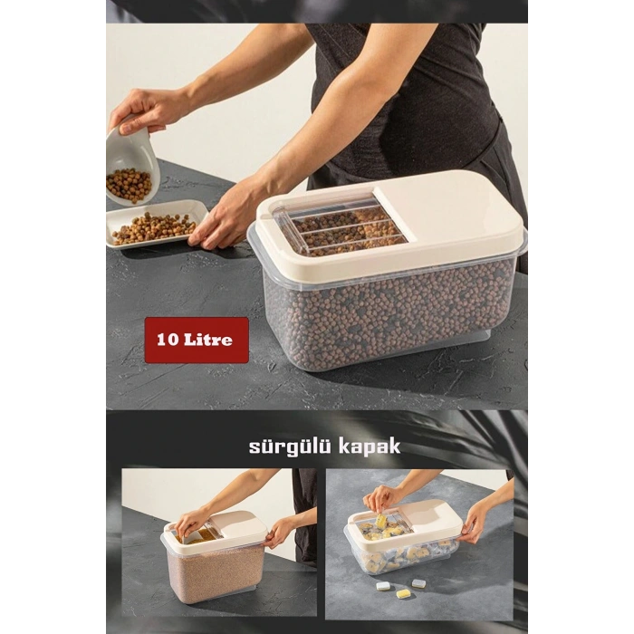 Sürgülü Kapaklı 10 Lt Erzak Bakliyat Un Şeker Saklama Kabı