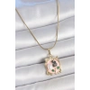 HEYF 316L Çelik Gold Renk Zincir Pembe Mineli Çiçek İşlemli İnci Detay Portre Model Kadın Kolye
