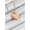 HEYF 316L Çelik Zincir Pembe Sanatsal Portre İnci Detaylı Papatya Figürlü Kalp Model Gold Renk Kadın Kolye