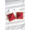 HEYF Pirinç Gold Renk Bordo Piramit Model Kadın Küpe
