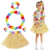Yetişkin Çocuk Hawaii Parti Seti - 40 Cm Naturel Etek + Çiçek Aksesuarlar (5 Parça)