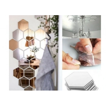 12 Adet Orta Boy Yapışkanlı Dekoratif Akrilik Ayna Altıgen