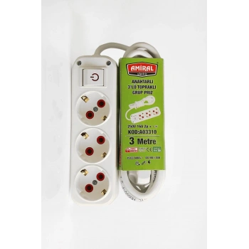 HEYF Amiral 3 Lü Topraklı Anahtarlı 3 Metre Kablolu Grup Priz