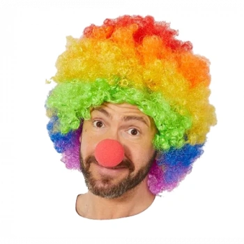 Gökkuşağı Afro Peruk ve Kırmızı Sünger Burun