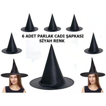 Halloween Siyah Renk Parlak Dralon Cadı Şapkası Yetişkin Ve Çocuk Uyumlu 6 Adet