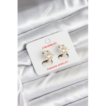 HEYF 14K Gold Renk Kaplama Kutup Yıldız Zirkon Taşlı CM Kadın Küpe