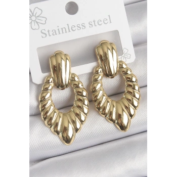 HEYF 316 Çelik Gold Renk İşlemeli Motiif Model Kadın Küpe