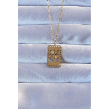 HEYF 316L Altın Renk İşlemeli Yonca Model Vintage Kolye