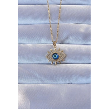 HEYF 316L Altın Renk Zirkon Taşlı Nazarlı Göz Kolye