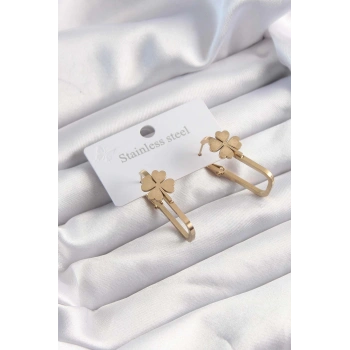 HEYF 316L Çelik Altın Renk Geometrik Yonca Model Küpe