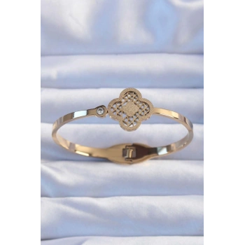 HEYF 316L Çelik Altın Renk Zirkon Taşlı Simli Yonca Kelepçe