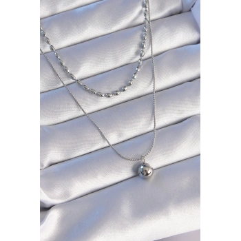 HEYF 316L Çelik Çift Zincirli Gümüş Renk Topçuk Model Kolye