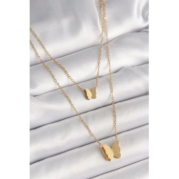 HEYF 316L Çelik Gold Renk 2Li Simli Kelebek Model Kadın Kolye