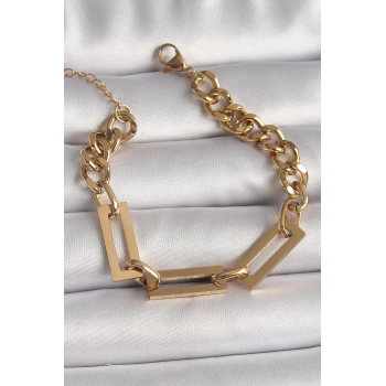 HEYF 316L Çelik Gold Renk 2Li Zincir Model Kadın Bileklik