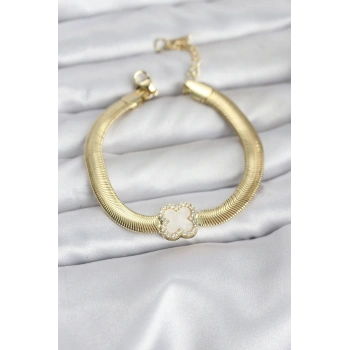 HEYF 316L Çelik Gold Renk Beyaz Yonca Model Zirkon Taşlı Yılan Zincirli Kadın Bileklik