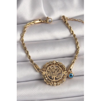 HEYF 316L Çelik Gold Renk Burgu Zincir Model Dorika Yaşam Ağacı Figür Nazar Boncuk Detay Kadın Bileklik