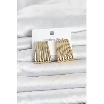 HEYF 316L Çelik Gold Renk Çizgili Plaka Model Kadın Küpe