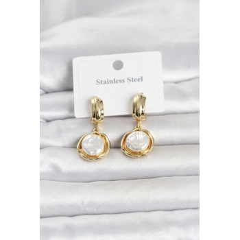 HEYF 316L Çelik Gold Renk İnci Detaylı Kadın Küpe