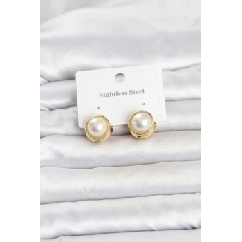 HEYF 316L Çelik Gold Renk İncili Model Kadın Küpe
