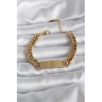 HEYF 316L Çelik Gold Renk İsim Yazılabilir Plaka Model Kadın Bileklik