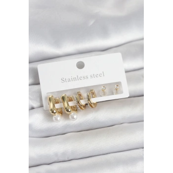 HEYF 316L Çelik Gold Renk Kadın Küpe Seti