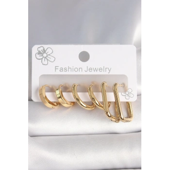 HEYF 316L Çelik Gold Renk Kare Halka Model Kadın Küpe Seti