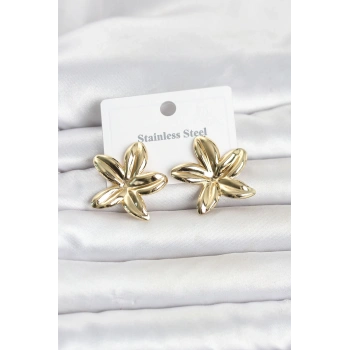 HEYF 316L Çelik Gold Renk Lotus Çiçeği Model Kadın Küpe