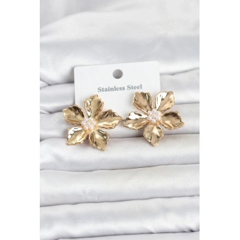 HEYF 316L Çelik Gold Renk Lotus Çiçek Model Kadın Küpe