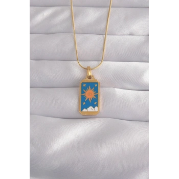 HEYF 316L Çelik Gold Renk Mavi Mineli Güneş Model Tarot Kolye