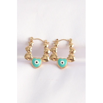 HEYF 316L Çelik Gold Renk Mavi Nazarlı Kalpli Model Küpe