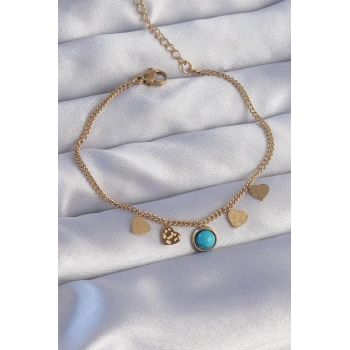 HEYF 316L Çelik Gold Renk Minimal Kalpli Mavi Taş Detaylı Bileklik