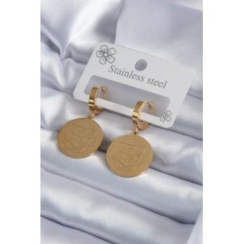 HEYF 316L Çelik Gold Renk Pentagram İşleme Model Kadın Küpe