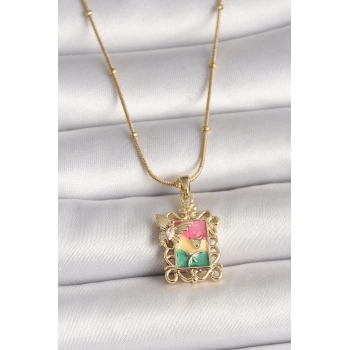 HEYF 316L Çelik Gold Renk Renkli Zirkon Taşlı Kelebek İşlemeli Portre Model Kadın Kolye