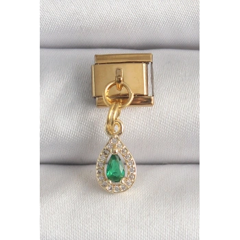 HEYF 316L Çelik Gold Renk Sallantı Damla Yeşil Zirkon Taşlı Nomination Charm