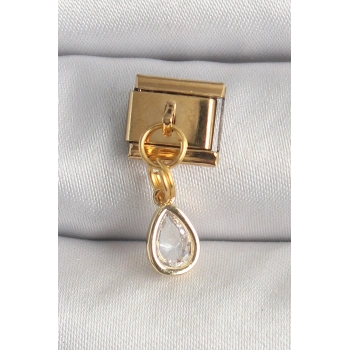 HEYF 316L Çelik Gold Renk Sallantı Damla Zirkon Taşlı Nomination Charm