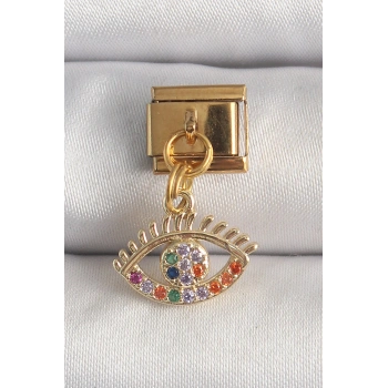 HEYF 316L Çelik Gold Renk Sallantı Renkli Zirkon Taşlı Göz Model Nomination Charm