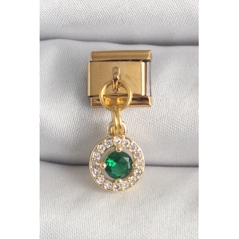 HEYF 316L Çelik Gold Renk Sallantı Yeşil Zirkon Taşlı Nomination Charm