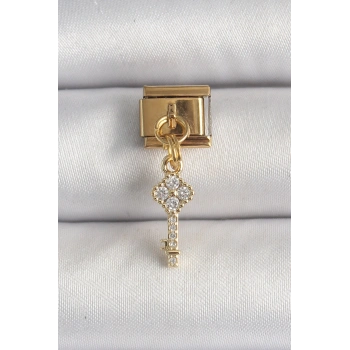HEYF 316L Çelik Gold Renk Sallantı Zirkon Taşlı Anahtar Model Nomination Charm