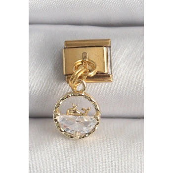 HEYF 316L Çelik Gold Renk Sallantı Zirkon Taşlı Balina Model Nomination Charm