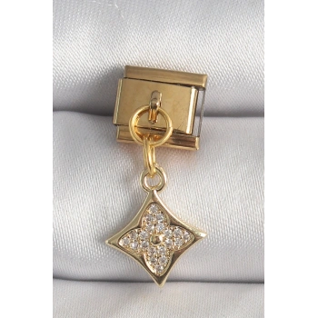 HEYF 316L Çelik Gold Renk Sallantı Zirkon Taşlı Çiçek İşlemeli Nomination Charm
