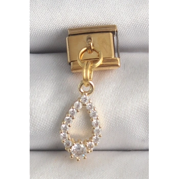 HEYF 316L Çelik Gold Renk Sallantı Zirkon Taşlı Damla Model Nomination Charm