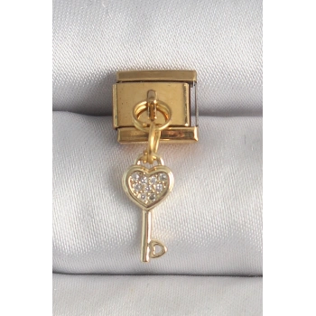 HEYF 316L Çelik Gold Renk Sallantı Zirkon Taşlı Kalpli Anahtar Model Nomination Charm