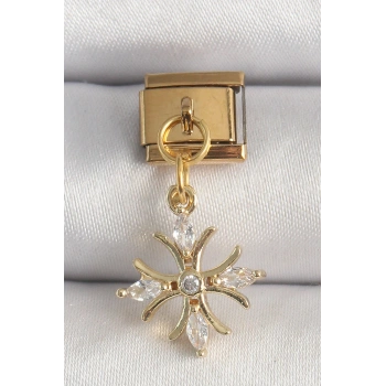 HEYF 316L Çelik Gold Renk Sallantı Zirkon Taşlı Kar Tanesi Model Nomination Charm