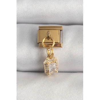 HEYF 316L Çelik Gold Renk Sallantı Zirkon Taşlı Kare Model Nomination Charm