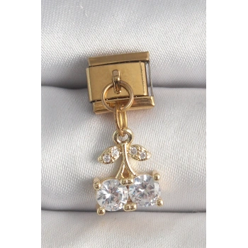 HEYF 316L Çelik Gold Renk Sallantı Zirkon Taşlı Kiraz Model Nomination Charm
