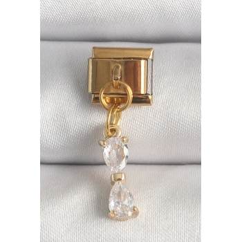 HEYF 316L Çelik Gold Renk Sallantı Zirkon Taşlı Kurdele Model Nomination Charm