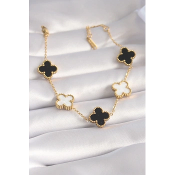 HEYF 316L Çelik Gold Renk Siyah Beyaz Yonca Model Kadın Bileklik